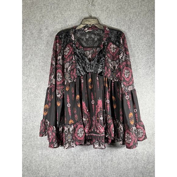Unbranded Blouse Women XL V‎ Neck Black Velvet Semi Sheer Floral Whimsigoth Y2K - Picture 1 of 6